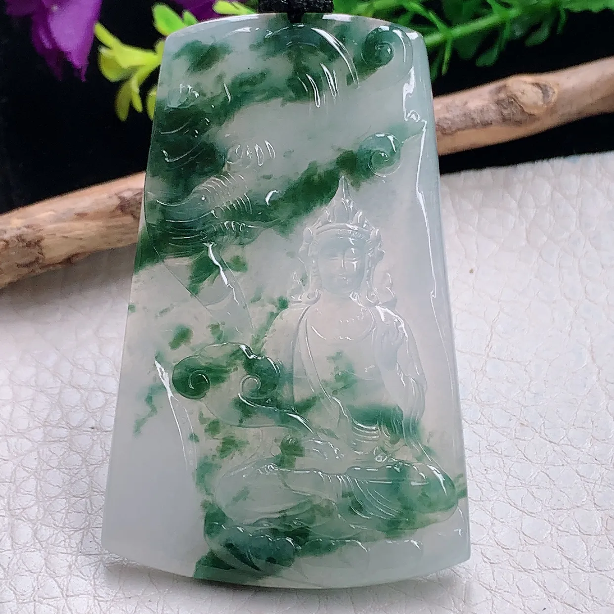 yl自然光61.5*38.8*5天然缅甸翡翠a货精雕冰飘花普贤菩萨观音玉坠 玉挂件
