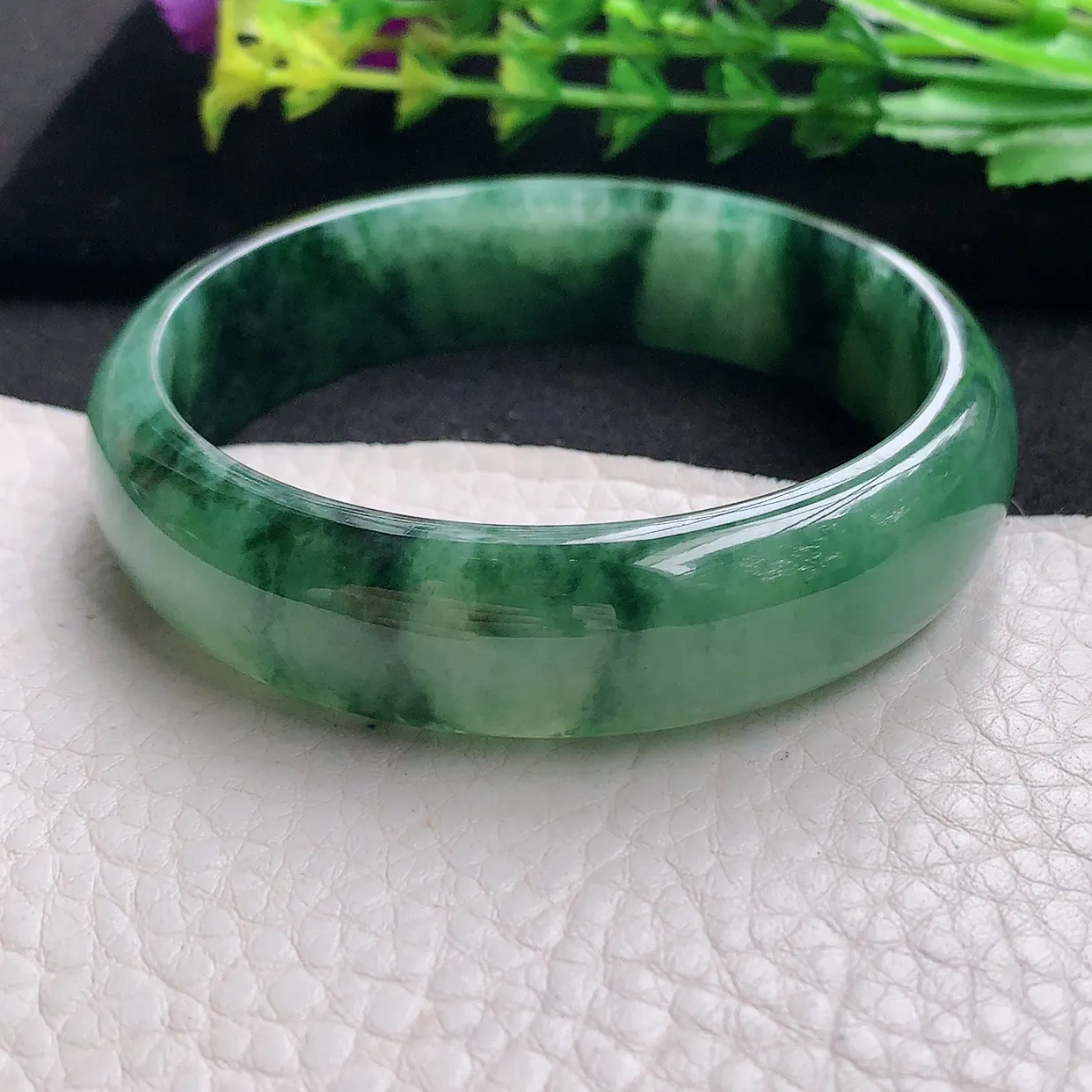 hy自然光58*15*6.6轮胎镯 天然缅甸翡翠a货冰油飘花宽边玉手镯 玉手环