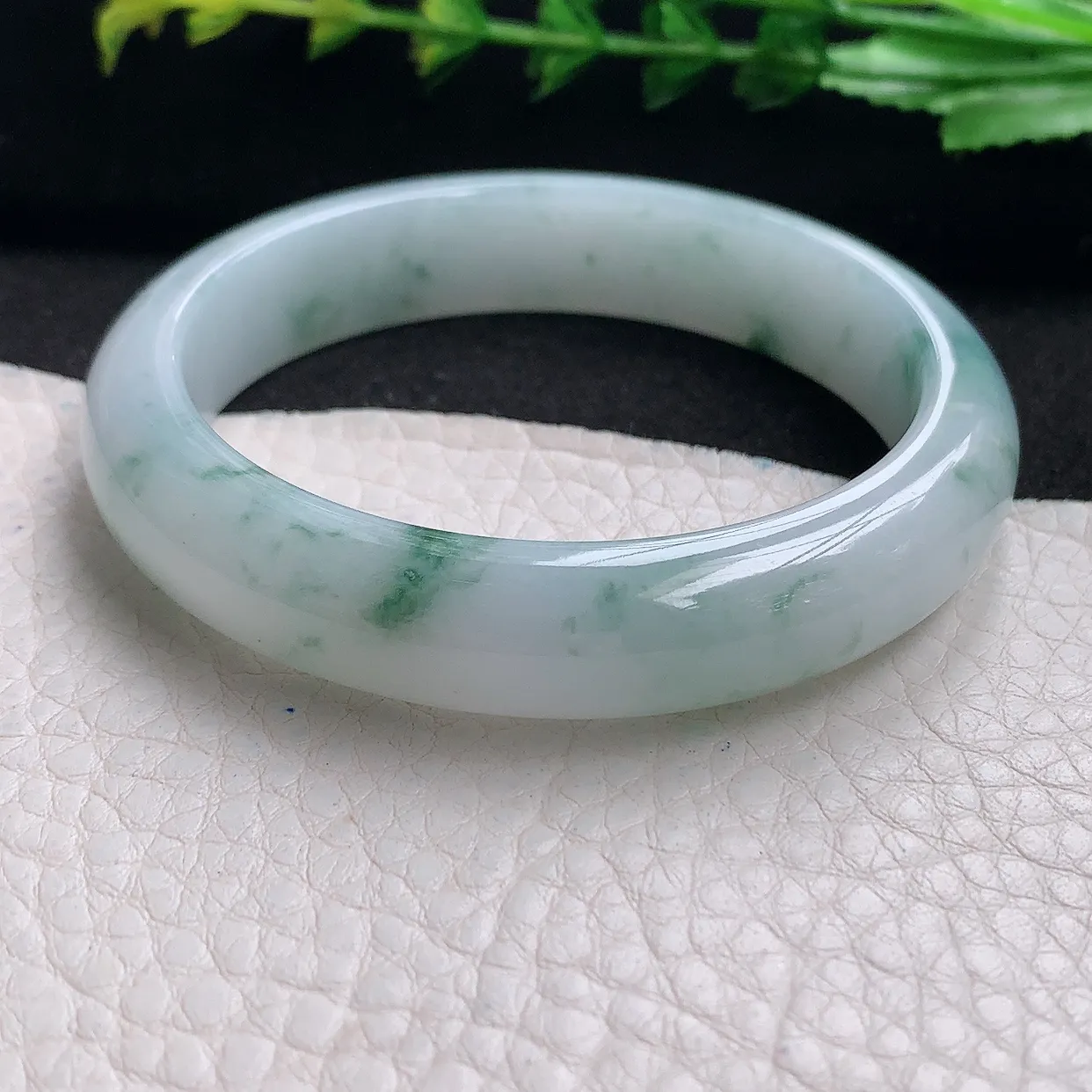 hy自然光53*11.8*7.3平安镯 天然缅甸翡翠a货冰飘花秀气宽边玉手镯 玉手环