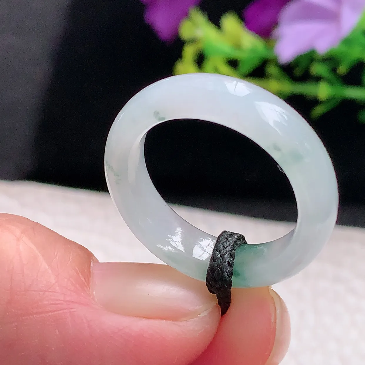 zl自然光19.5*6.7*3.6天然缅甸翡翠a 货19.5mm内径冰飘花玉戒指 玉指环