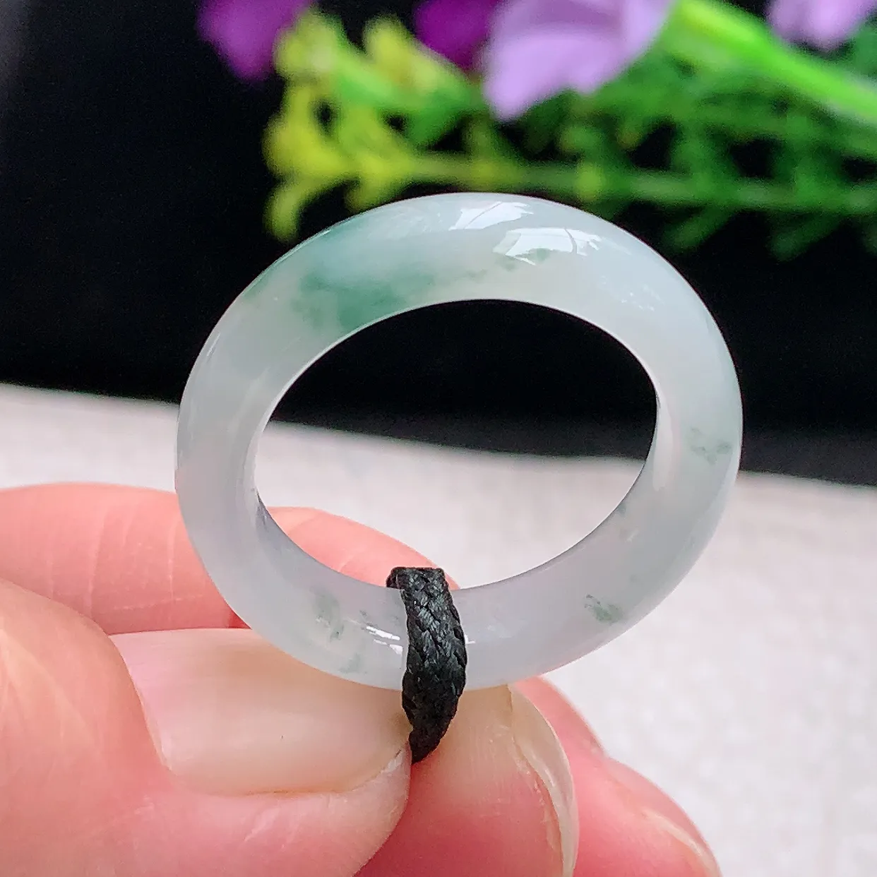 zl自然光19.5*6.7*3.6天然缅甸翡翠a 货19.5mm内径冰飘花玉戒指 玉指环