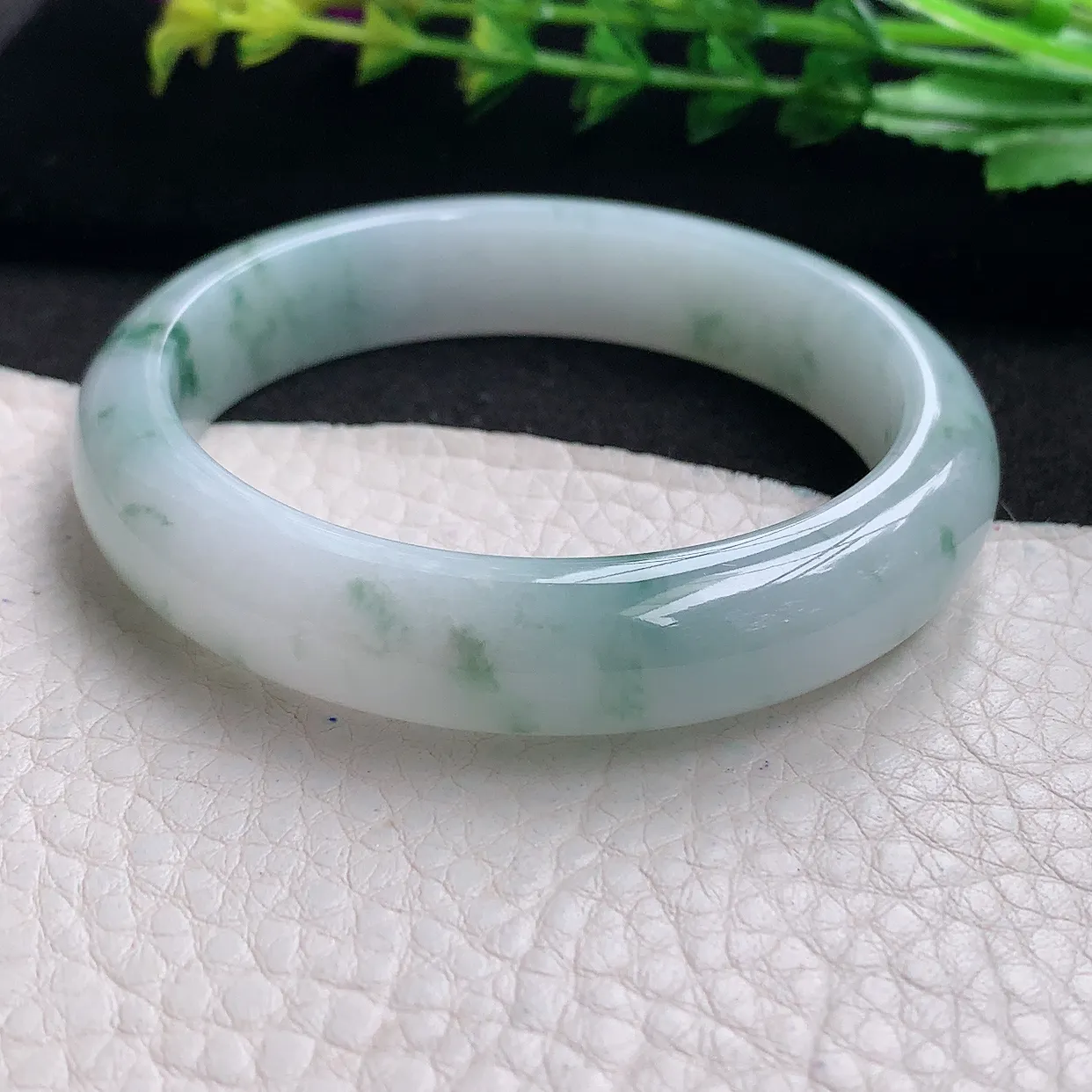 hy自然光53*11.8*7.3平安镯 天然缅甸翡翠a货冰飘花秀气宽边玉手镯 玉手环