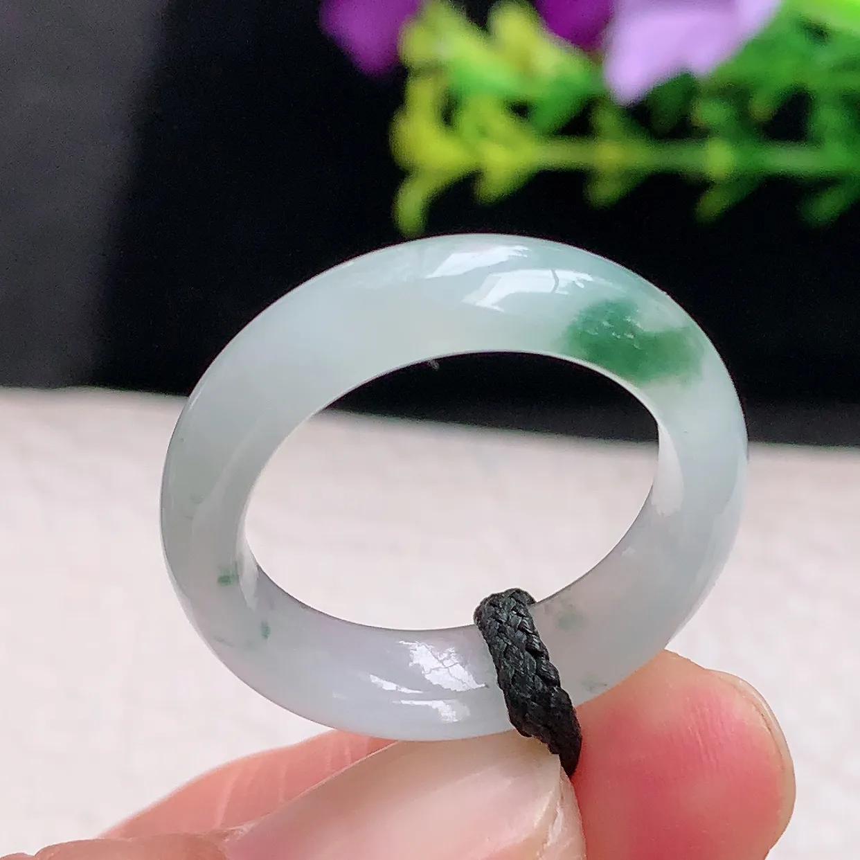 zl自然光19.5*6.7*3.6天然缅甸翡翠a 货19.5mm内径冰飘花玉戒指 玉指环