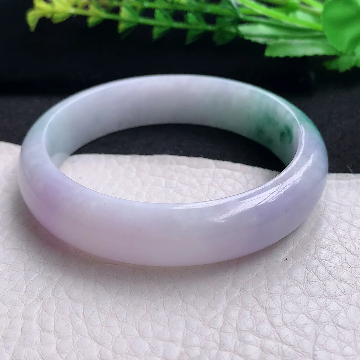 hy自然光57.5*14.3*7.8平安镯 天然缅甸翡翠a货春带彩宽边玉手镯 玉手环