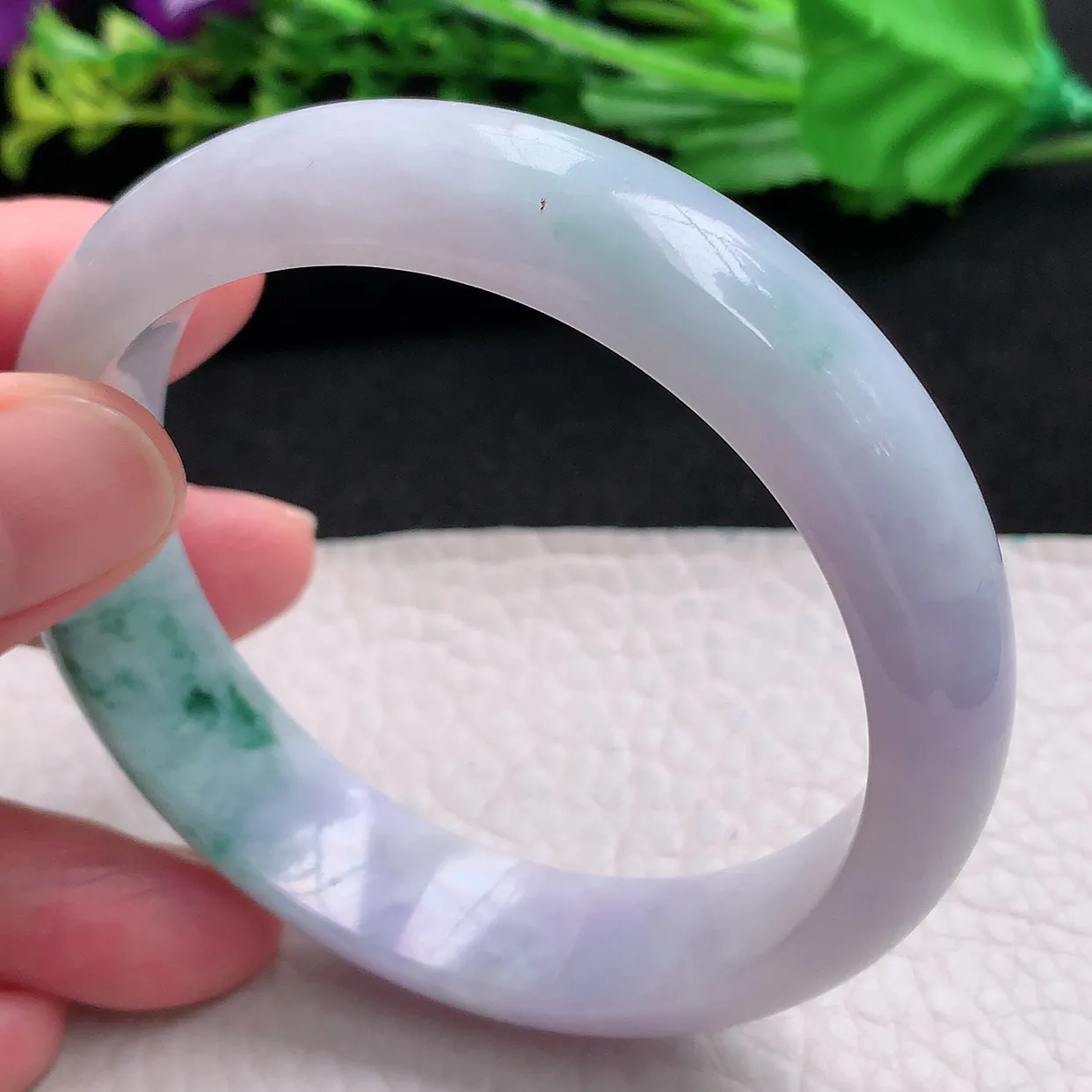 hy自然光57.5*14.3*7.8平安镯 天然缅甸翡翠a货春带彩宽边玉手镯 玉手环