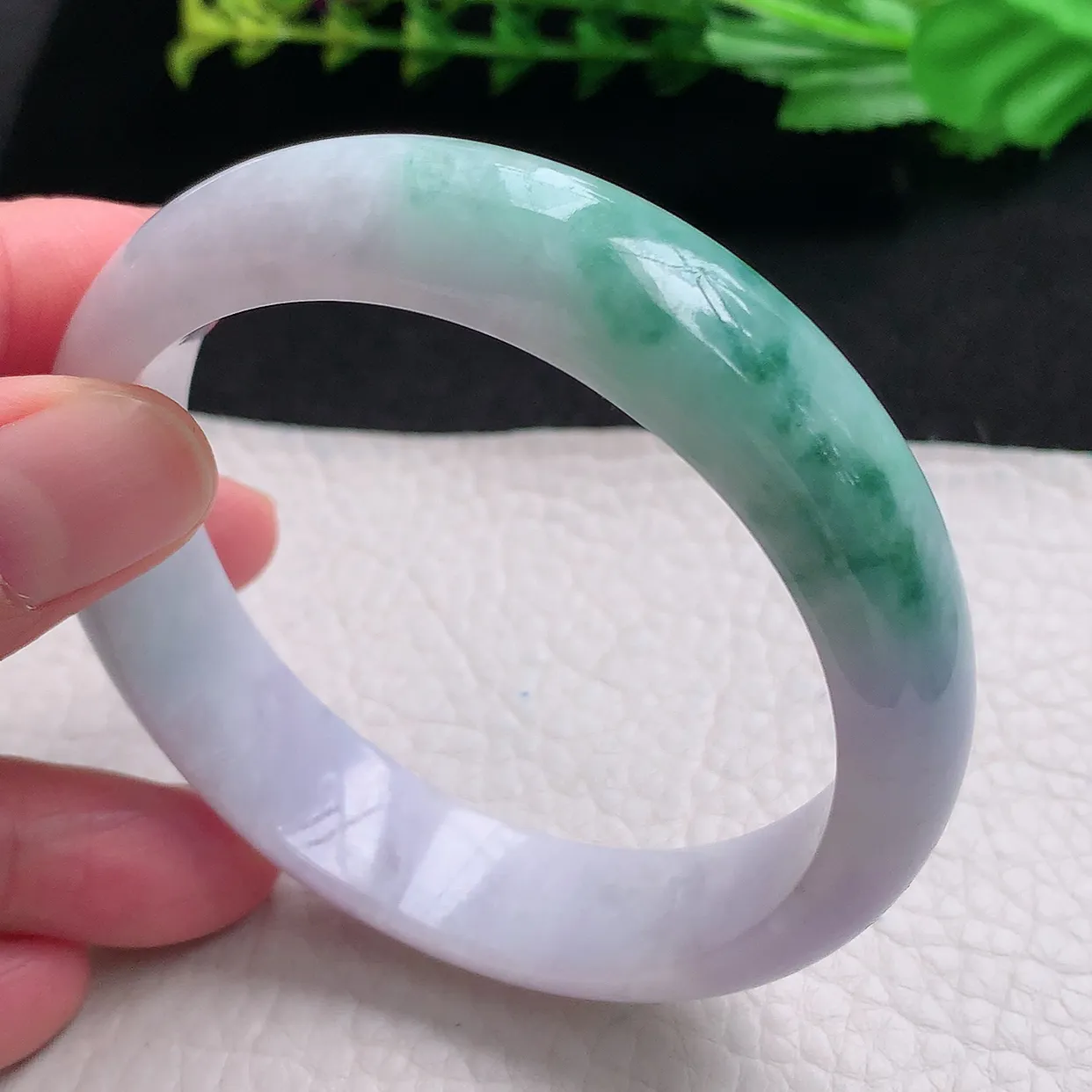 hy自然光57.5*14.3*7.8平安镯 天然缅甸翡翠a货春带彩宽边玉手镯 玉手环