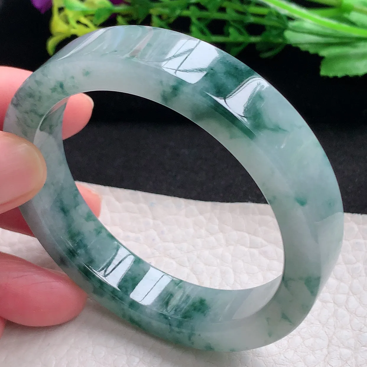 hh特色55*13*7.2宽扁镯 天然缅甸翡翠a货冰飘花宽边玉手镯 玉手环