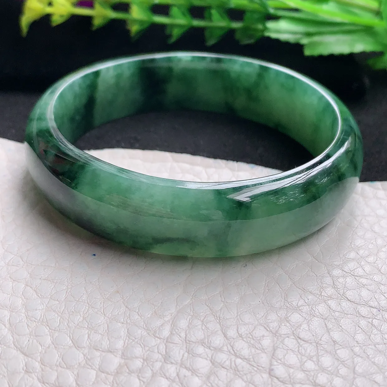 hy自然光58*15*6.6轮胎镯 天然缅甸翡翠a货冰油飘花宽边玉手镯 玉手环