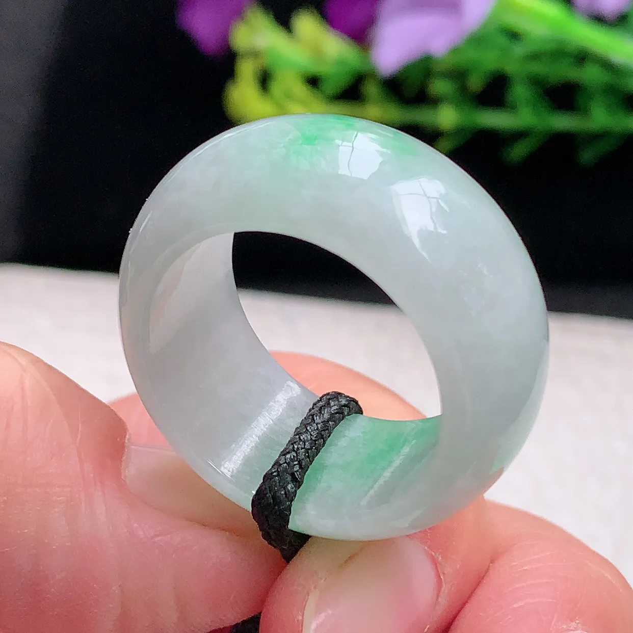 zl自然光21.3*12.6*4.8轮胎指环 天然缅甸翡翠a 货21.3mm内径飘绿花玉戒指