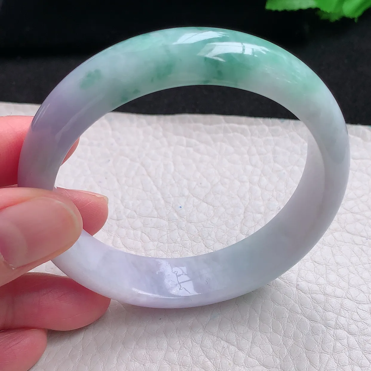 hy自然光57.5*14.3*7.8平安镯 天然缅甸翡翠a货春带彩宽边玉手镯 玉手环