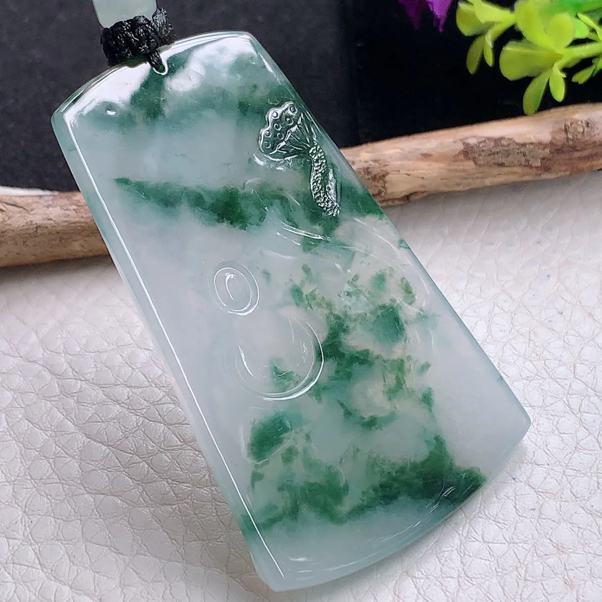 yl自然光61.5*38.8*5天然缅甸翡翠a货精雕冰飘花普贤菩萨观音玉坠 玉挂件