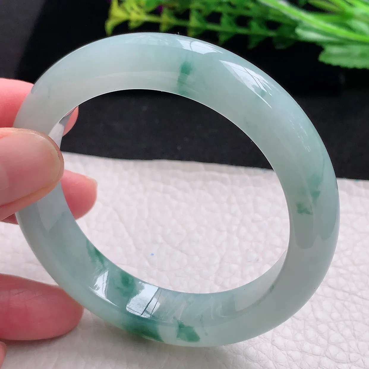 r自然光54.5*12.6*9平安镯 天然缅甸翡翠a货冰飘花厚装宽边玉手镯 玉手环