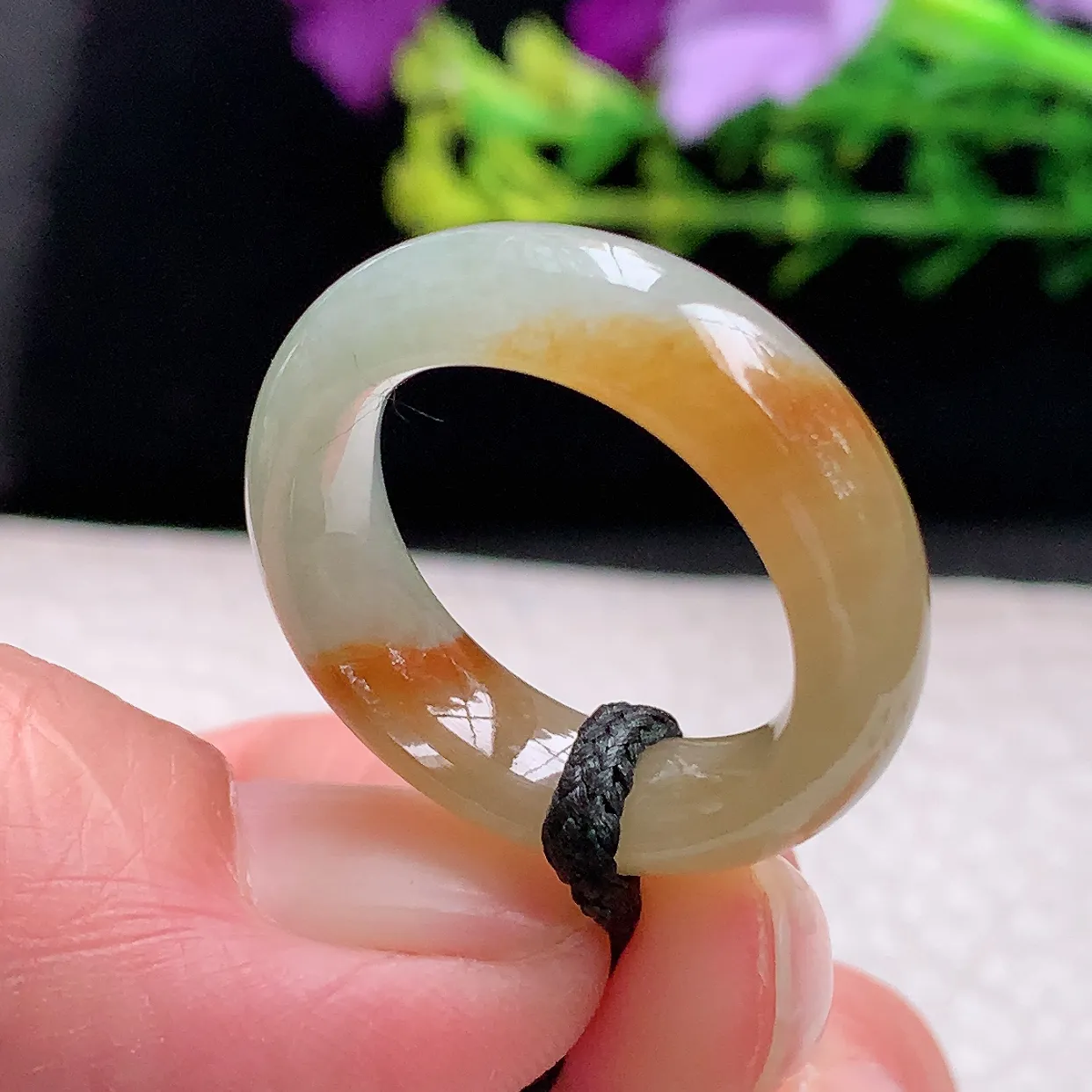 zl自然光18.5*7*4天然缅甸翡翠a 货18.5mm内径冰双彩招财玉戒指 玉指环