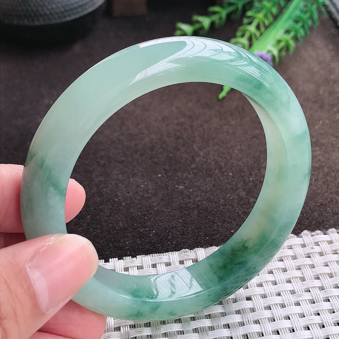 自然光58/12.5/9老坑冰胶果冻飘花手镯宽边翡翠玉镯美人镯