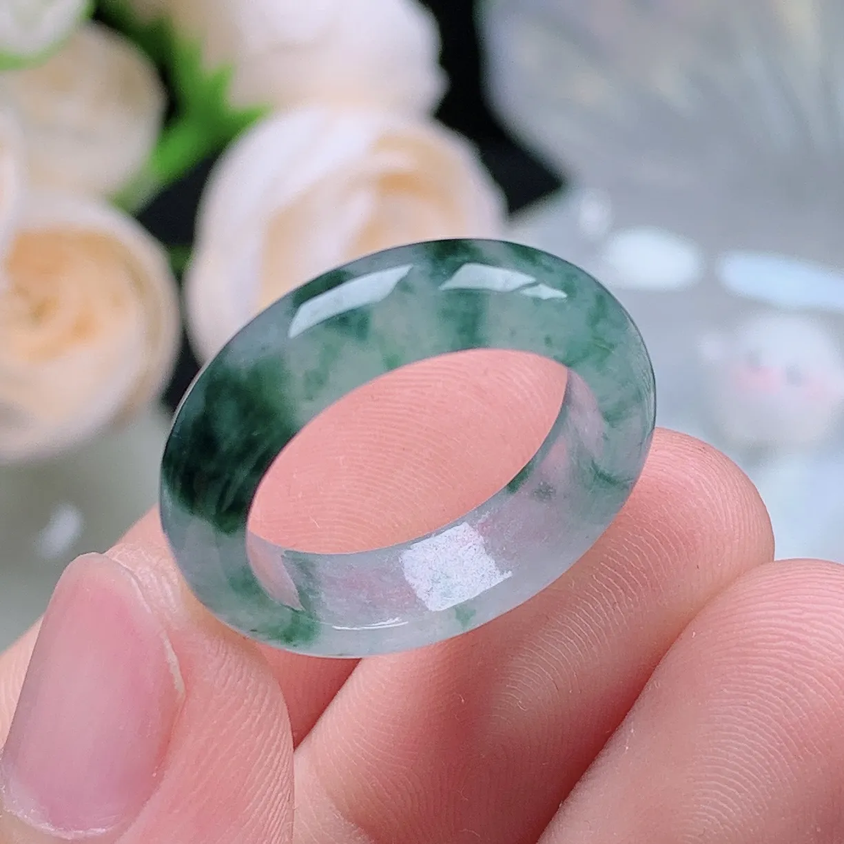 缅甸翡翠老坑冰种翡翠水润起胶飘花戒指玉指环  水润通透 尺寸：17.5-5.7-3.5mm 15-1