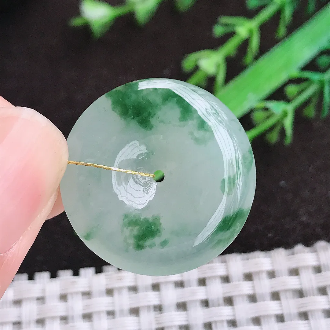 自然光33.8/5.4老坑冰胶水灵冰飘花平安扣吊坠翡翠玉扣挂件百搭