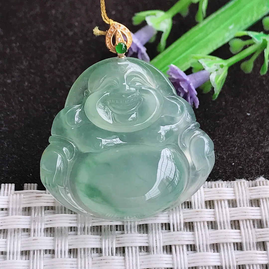 自然光29.3/31.2/5.6老坑18k金镶嵌冰种飘花佛公吊坠翡翠玉坠挂件百搭