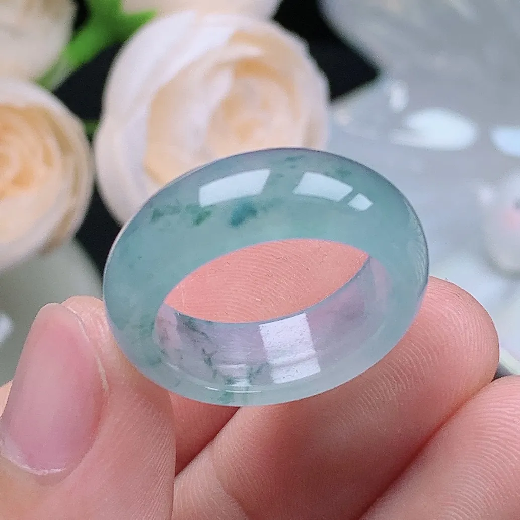 缅甸翡翠老坑冰种翡翠水润起胶宽边飘花戒指玉指环  水润通透 尺寸：18-7.8-3.6mm 17-18号圈口1S