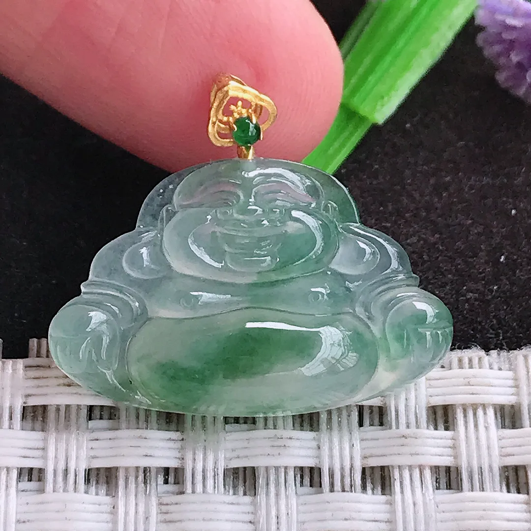 自然光15.8/24.5/4.7老坑18k金镶嵌冰种飘花小佛公吊坠翡翠玉坠挂件百搭