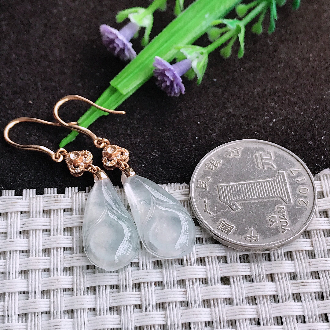 自然光21/10.5/3.8老坑18k金镶嵌冰种玉兰花耳坠