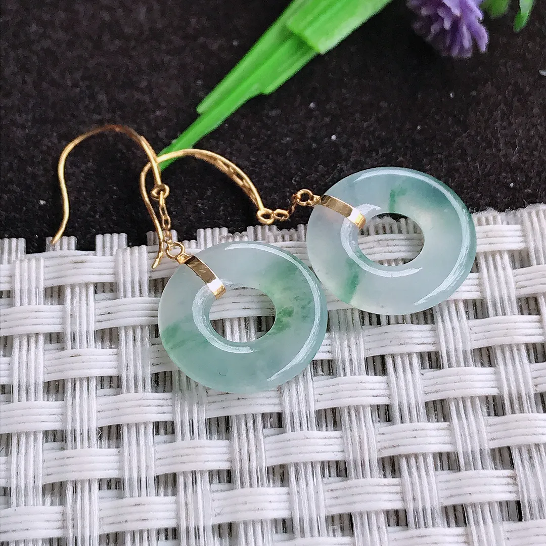 自然光13.5/2.2老坑18k金镶嵌冰种飘花平安环耳坠翡翠玉环