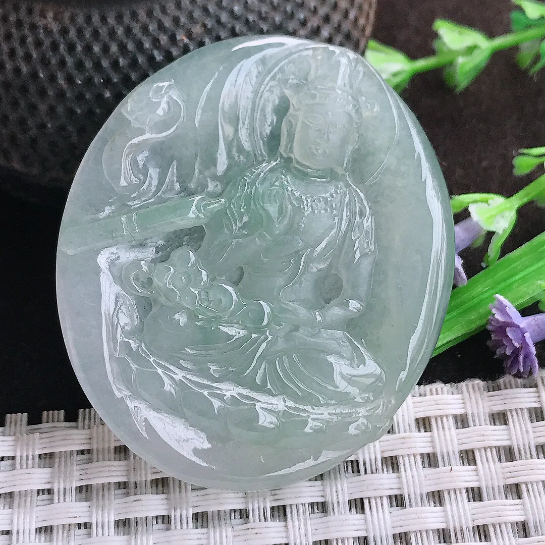 自然光48.6/42/5.3老坑冰胶水灵赐福观音吊坠翡翠玉坠挂件百搭