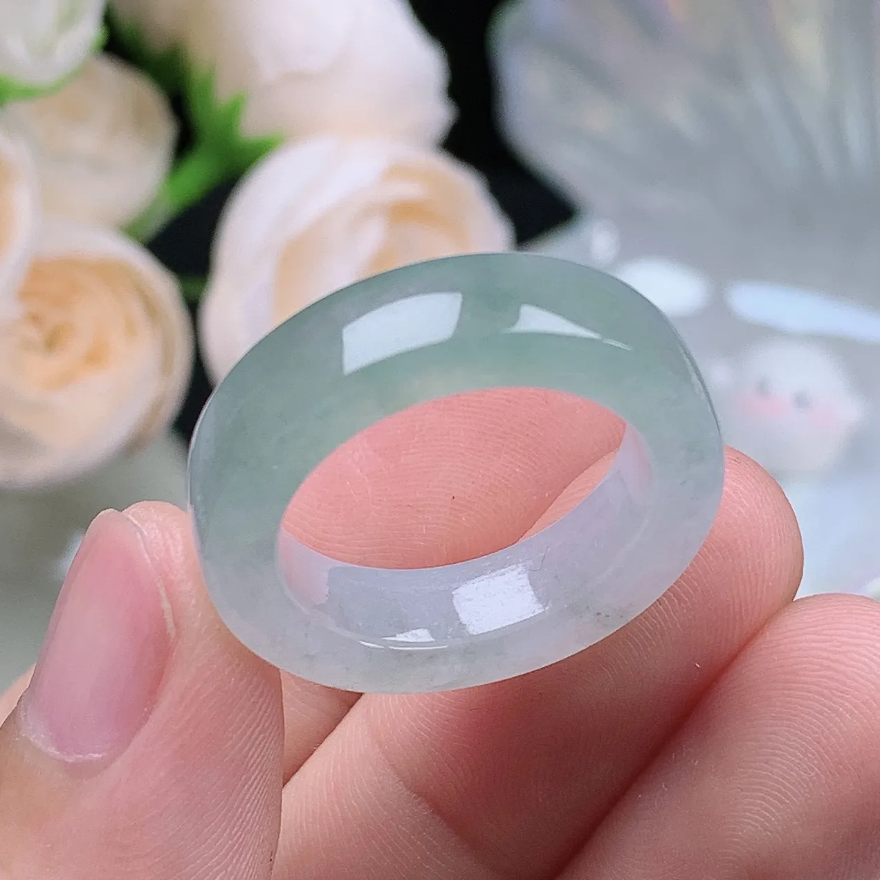 缅甸翡翠老坑种翡翠水润起胶半山水方戒指玉指环  水润通透 尺寸：19.2-6.5-4.3mm 21-