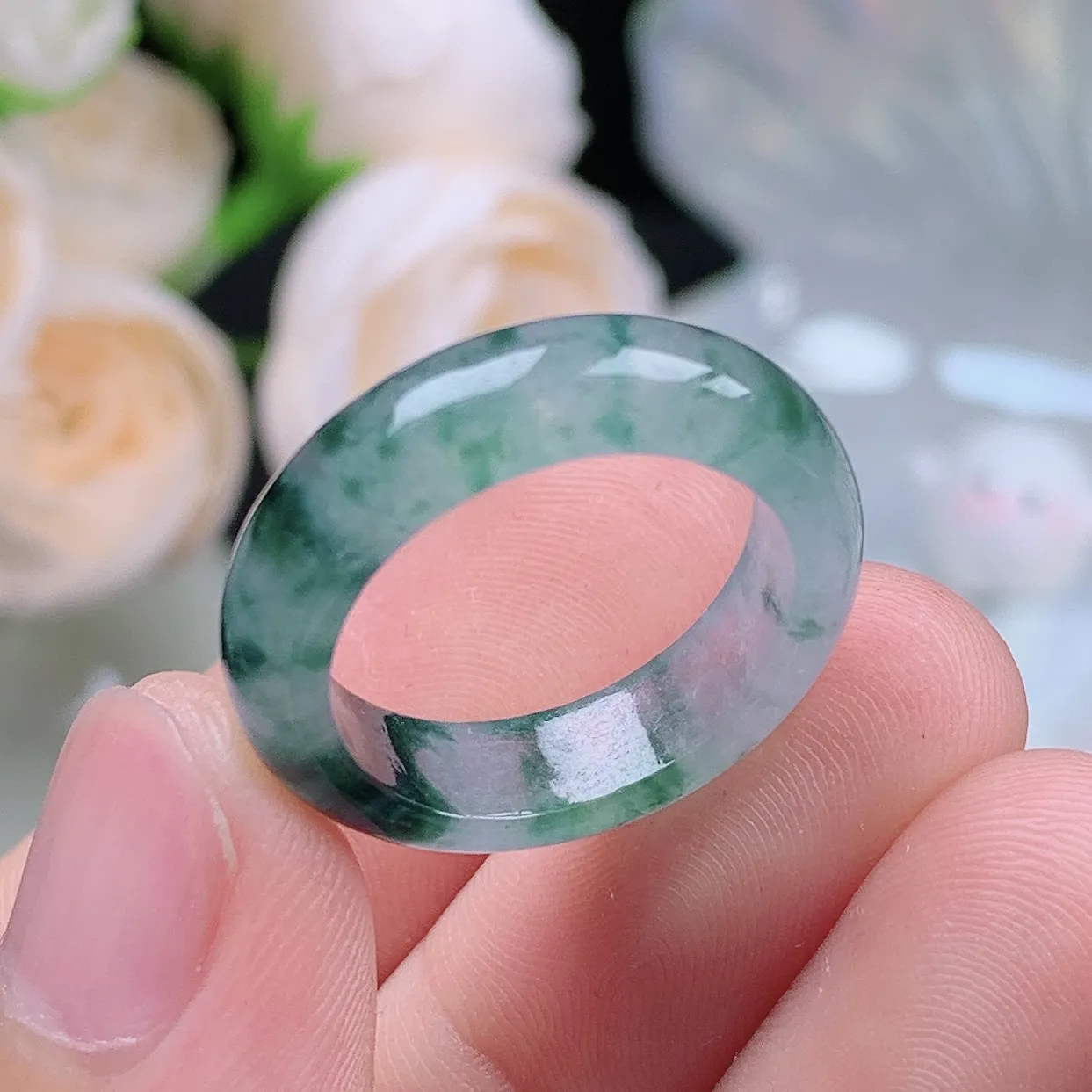 缅甸翡翠老坑冰种翡翠水润起胶飘花戒指玉指环  水润通透 尺寸：17.5-5.7-3.5mm 15-16号圈口1S