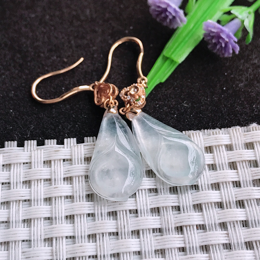 自然光21/10.5/3.8老坑18k金镶嵌冰种玉兰花耳坠