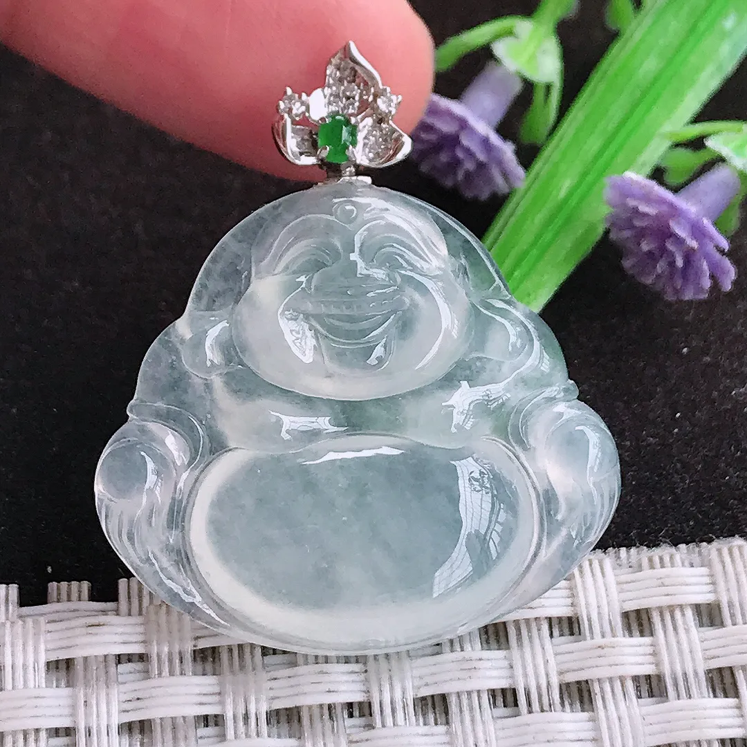 自然光26.8/30/5.7老坑18k金镶嵌冰种佛公吊坠翡翠白冰玉佛挂件百搭