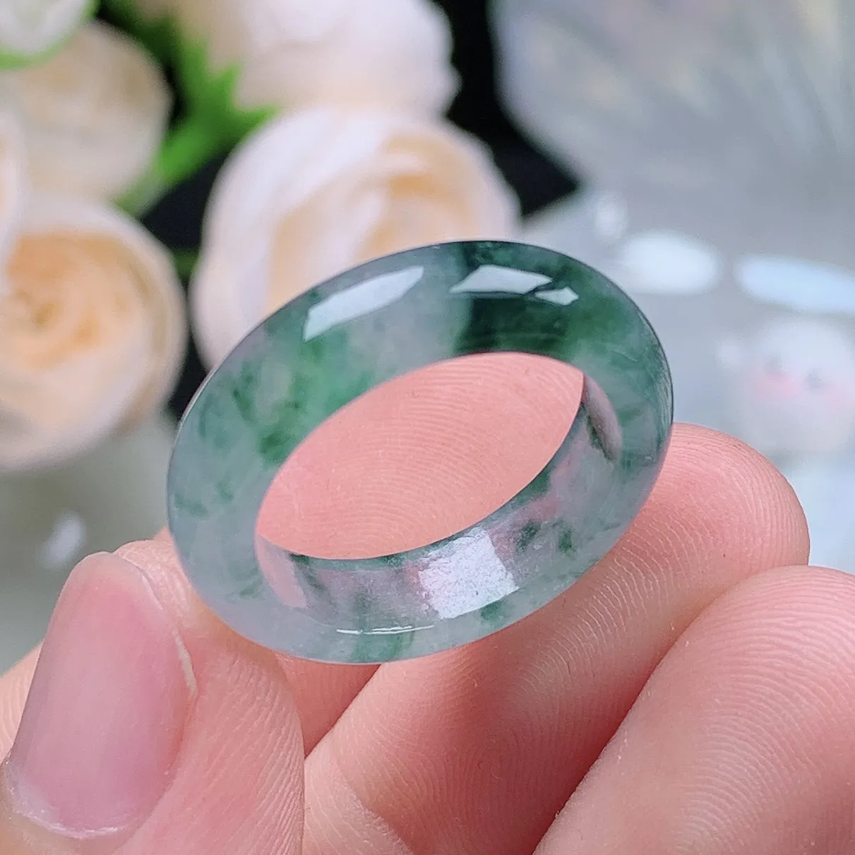 缅甸翡翠老坑冰种翡翠水润起胶飘花戒指玉指环  水润通透 尺寸：17.5-5.7-3.5mm 15-16号圈口1S