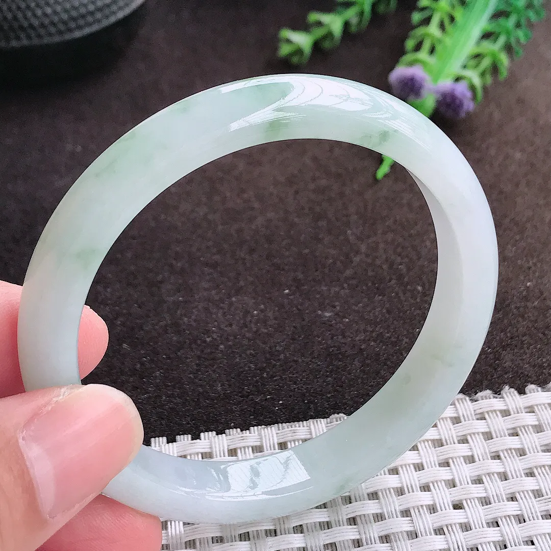 自然光55.5/10/7老坑冰胶水灵飘花手镯宽边翡翠玉镯美人镯