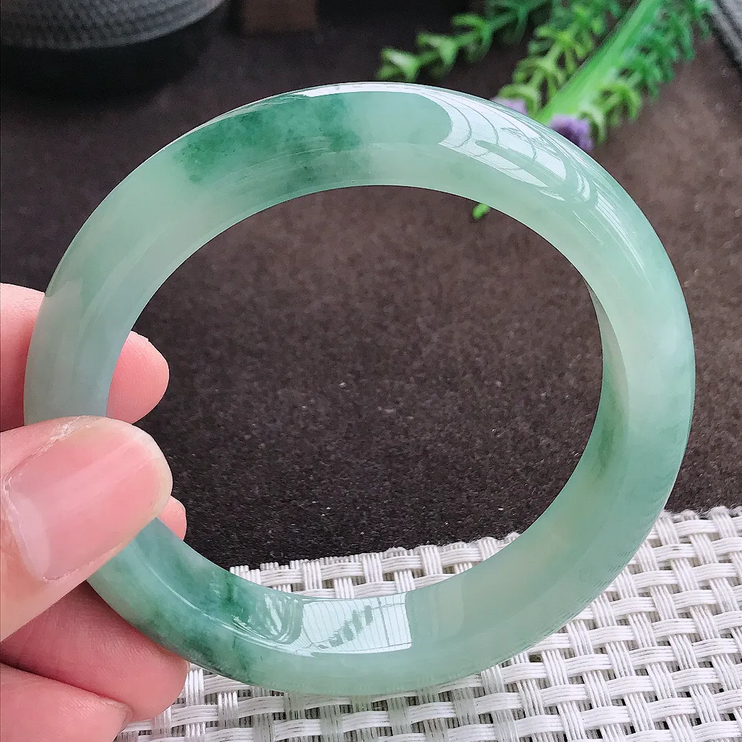 自然光58/12.5/9老坑冰胶果冻飘花手镯宽边翡翠玉镯美人镯