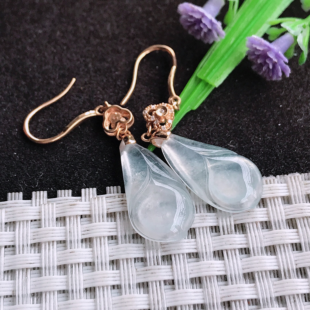 自然光21/10.5/3.8老坑18k金镶嵌冰种玉兰花耳坠