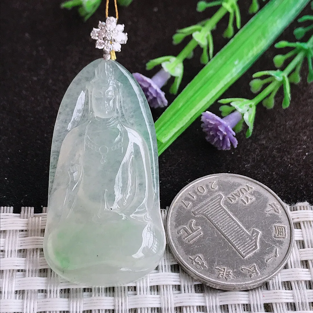 自然光43/22.7/5.5老坑18k金镶嵌冰胶水灵素衣观音吊坠翡翠玉坠挂件百搭