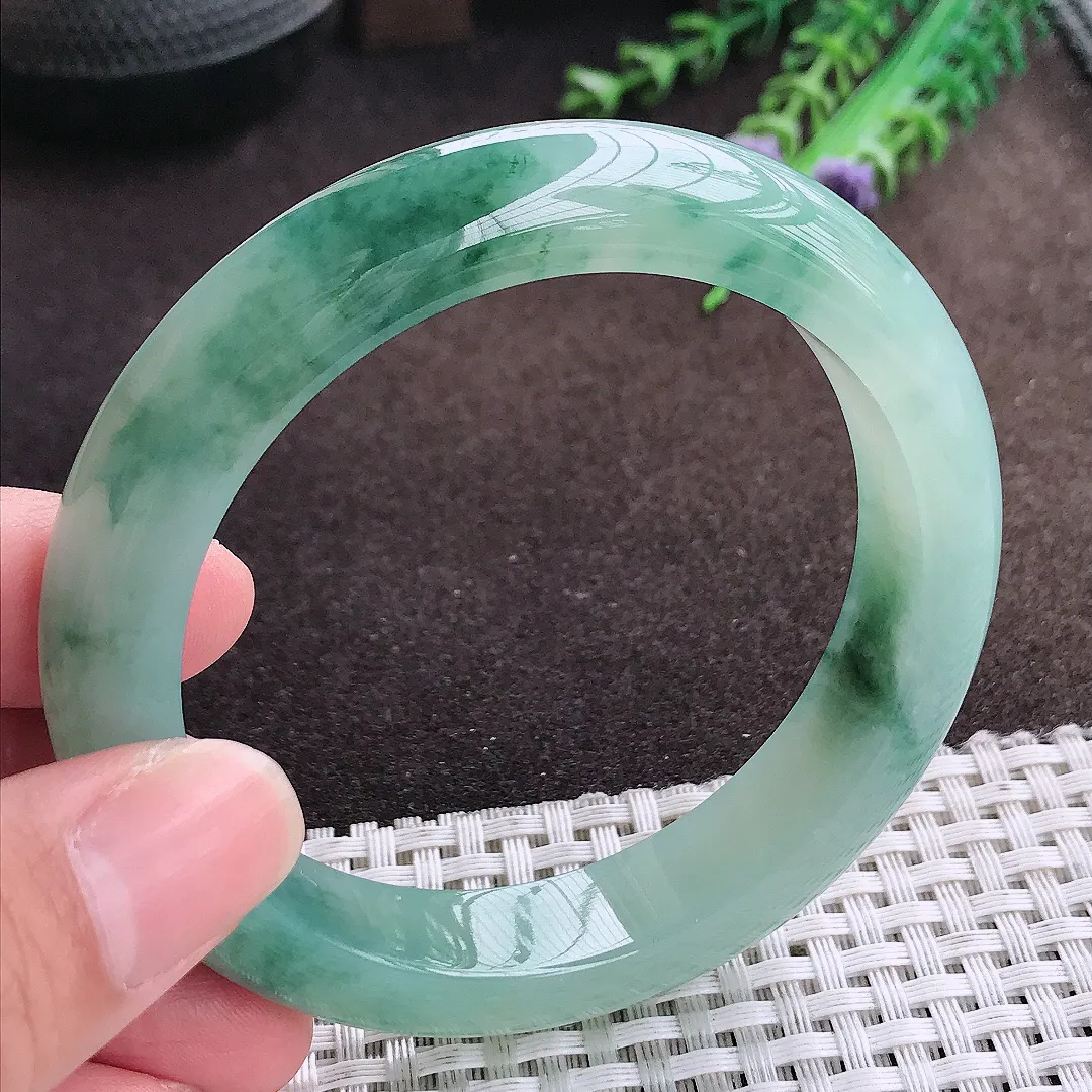 自然光58/12.5/9老坑冰胶果冻飘花手镯宽边翡翠玉镯美人镯