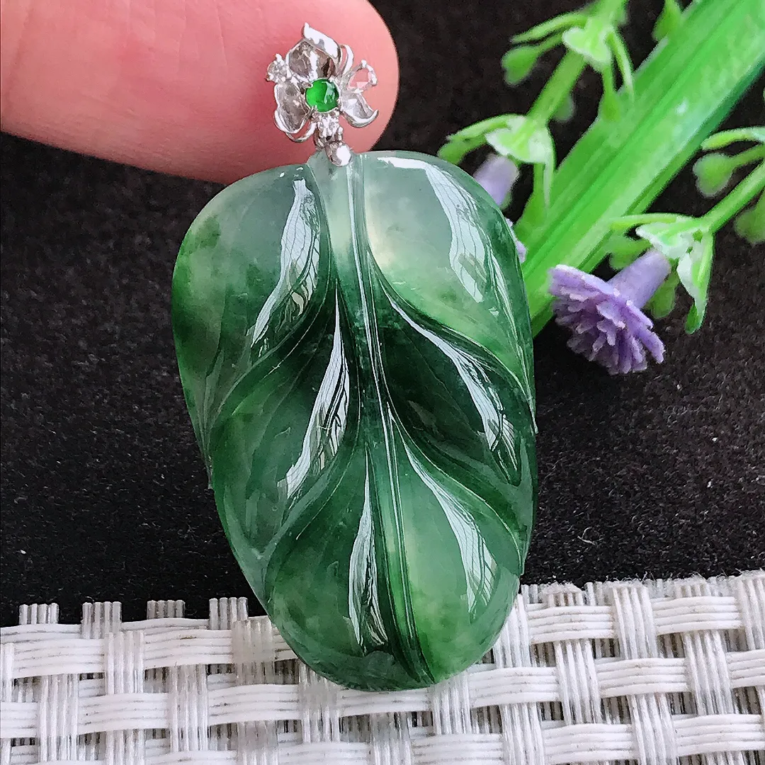 自然光34/22.7/5.1老坑18k金镶嵌冰胶飘花叶子吊坠翡翠玉坠挂件百搭