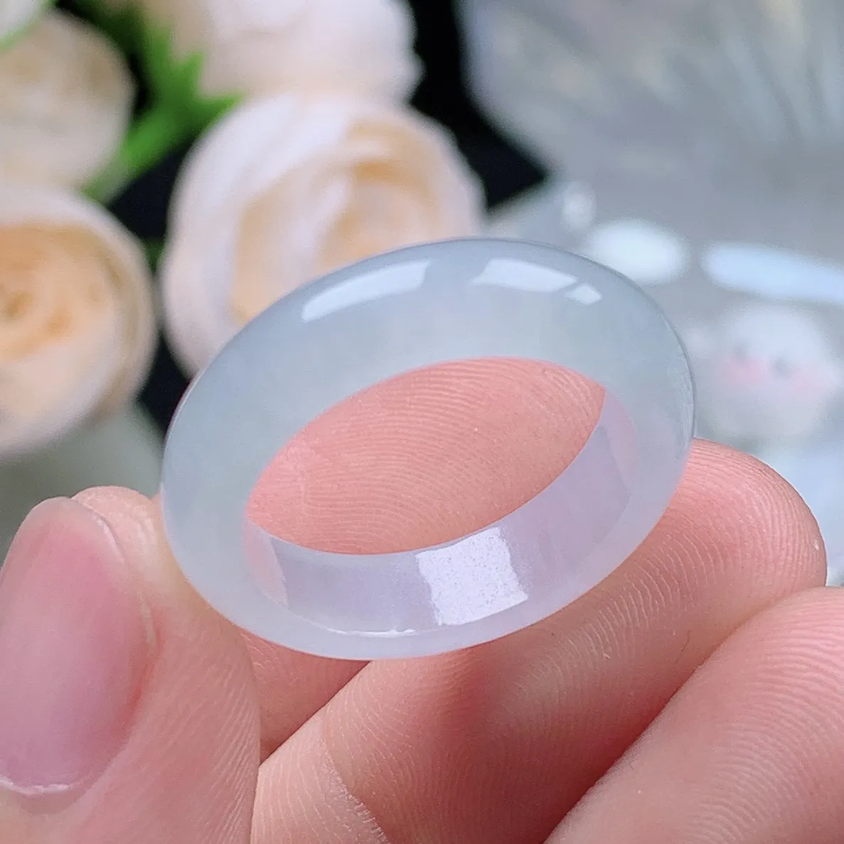 缅甸翡翠老坑种翡翠水润起胶白月光戒指玉指环  水润通透 尺寸：18.1-5.7-3.5mm 17号圈口1S