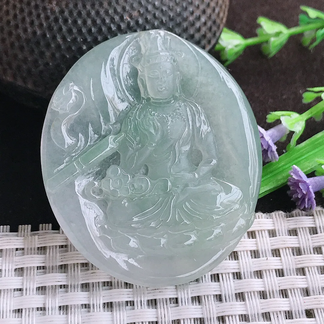 自然光48.6/42/5.3老坑冰胶水灵赐福观音吊坠翡翠玉坠挂件百搭