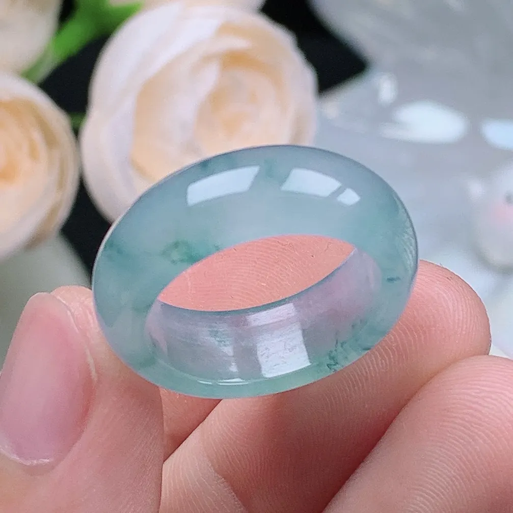 缅甸翡翠老坑冰种翡翠水润起胶宽边飘花戒指玉指环  水润通透 尺寸：18-7.8-3.6mm 17-18号圈口1S