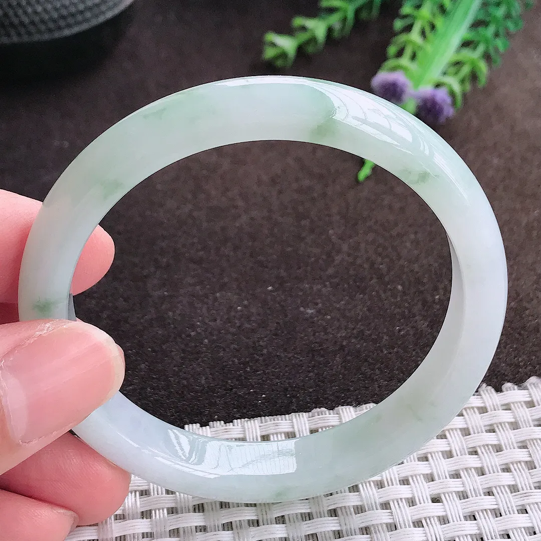 自然光55.5/10/7老坑冰胶水灵飘花手镯宽边翡翠玉镯美人镯