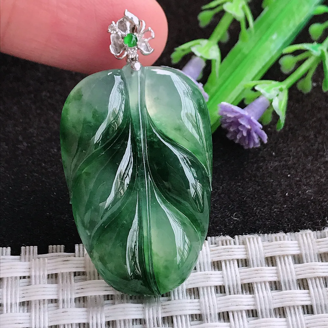 自然光34/22.7/5.1老坑18k金镶嵌冰胶飘花叶子吊坠翡翠玉坠挂件百搭