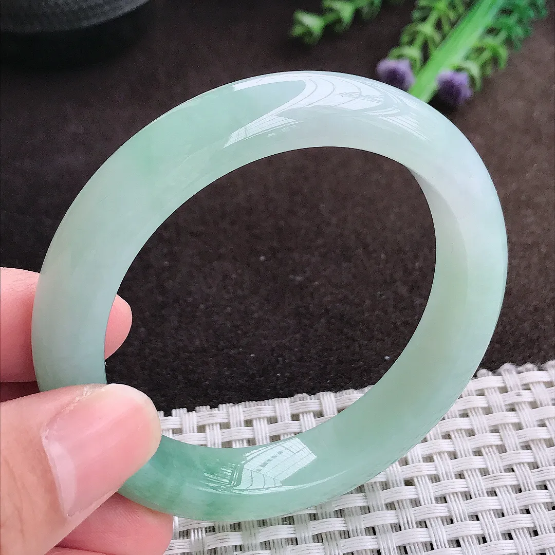 自然光54.5/12.1/9老坑冰胶水灵冰飘花手镯宽边翡翠玉镯美人镯