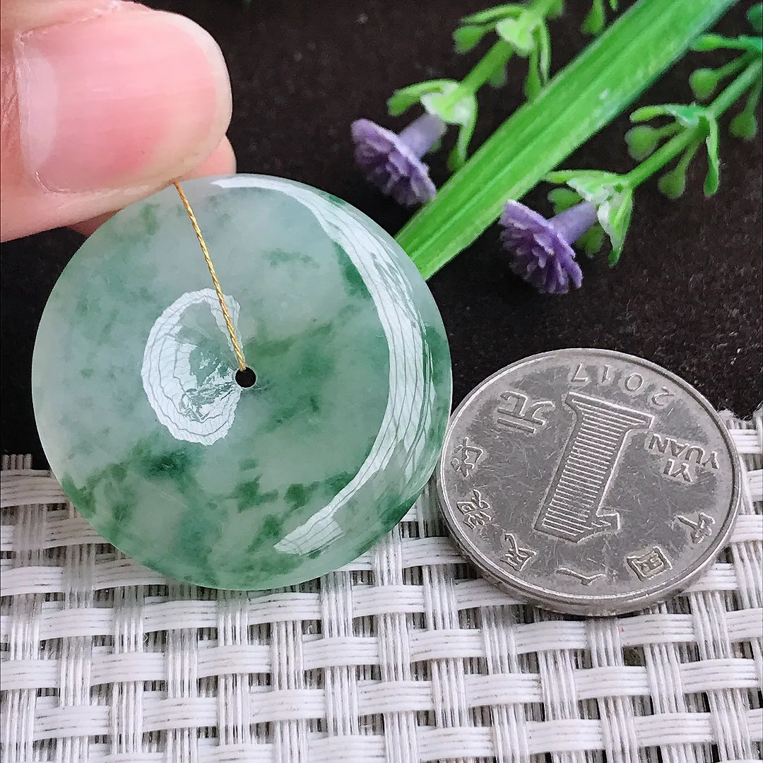 自然光33.8/5.4老坑冰胶果冻冰飘花平安扣吊坠翡翠玉坠挂件百搭