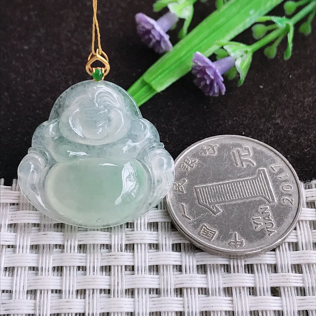 自然光26.5/27.9/6.1老坑18k金镶嵌冰胶佛公吊坠翡翠玉坠挂件百搭