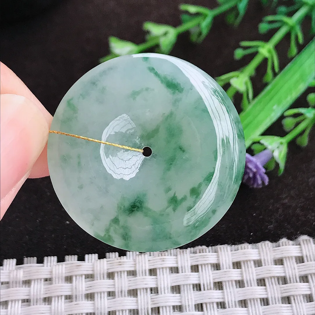 自然光33.8/5.4老坑冰胶果冻冰飘花平安扣吊坠翡翠玉坠挂件百搭