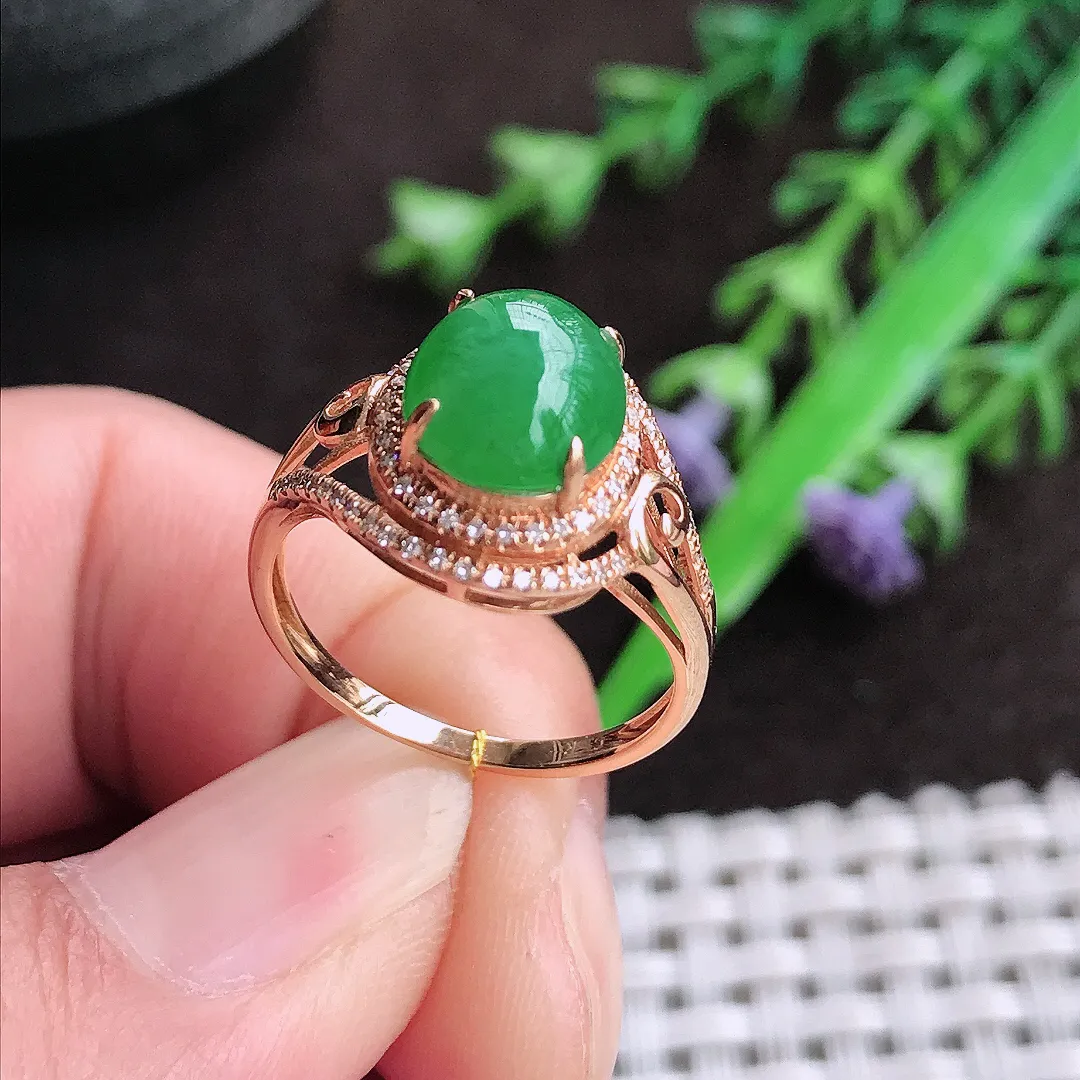 自然光16.3/8.7/7.8老坑18k金镶嵌冰润满阳绿戒指翡翠玉戒女款