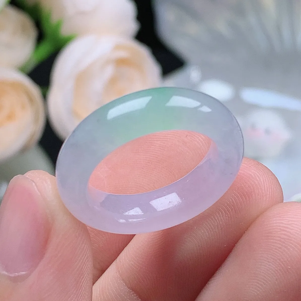 缅甸翡翠老坑冰种翡翠水润起胶紫罗兰飘绿春彩戒指玉指环  水润通透 尺寸：17.3-5.2-4.1mm 15号圈口1S