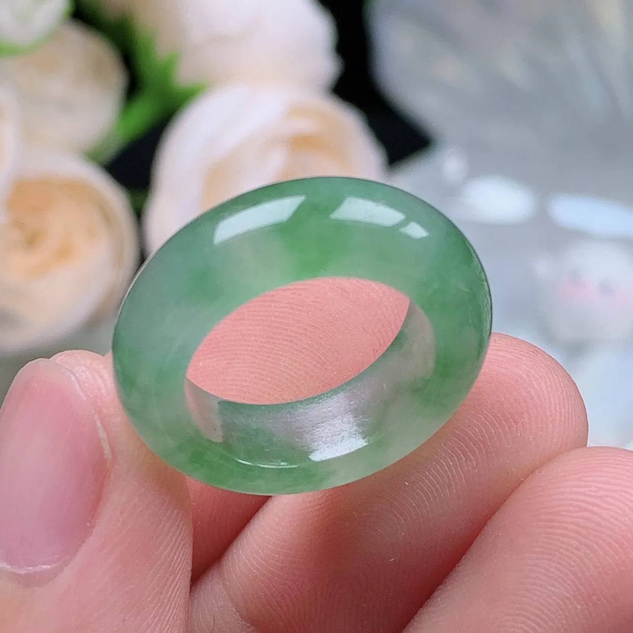 缅甸翡翠老坑冰种翡翠水润起胶晴底飘绿花戒指玉指环  水润通透 尺寸：15.3-6.5-4.1mm 9