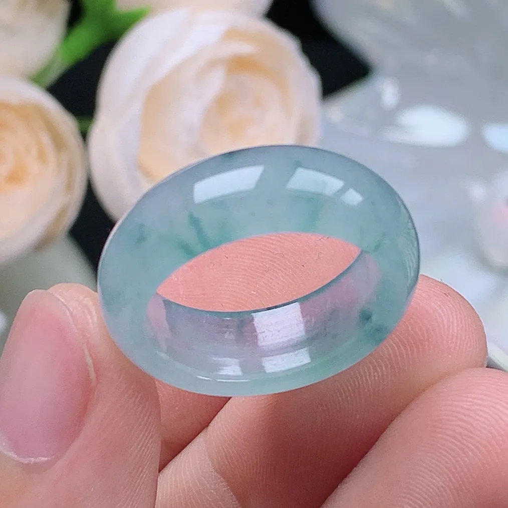 缅甸翡翠老坑冰种翡翠水润起胶宽边飘花戒指玉指环  水润通透 尺寸：18-7.8-3.6mm 17-18号圈口1S